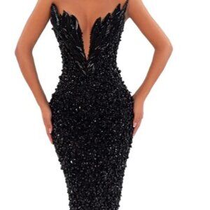 Albina Dyla Corset Leaf Beaded Black Dress